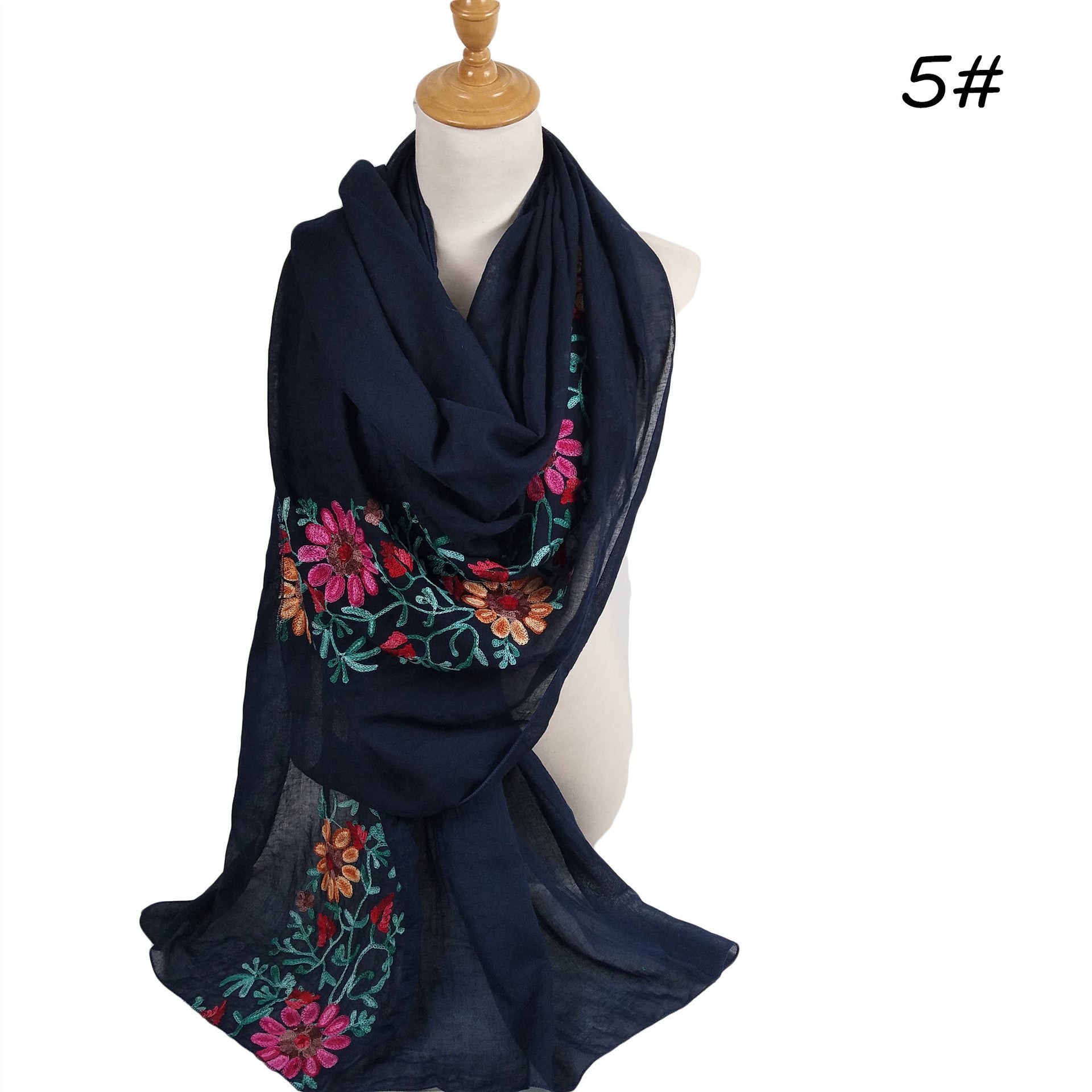 Big Flower Embroidery Cotton And Linen Headscarf Long Scarf Head Cover Hijab