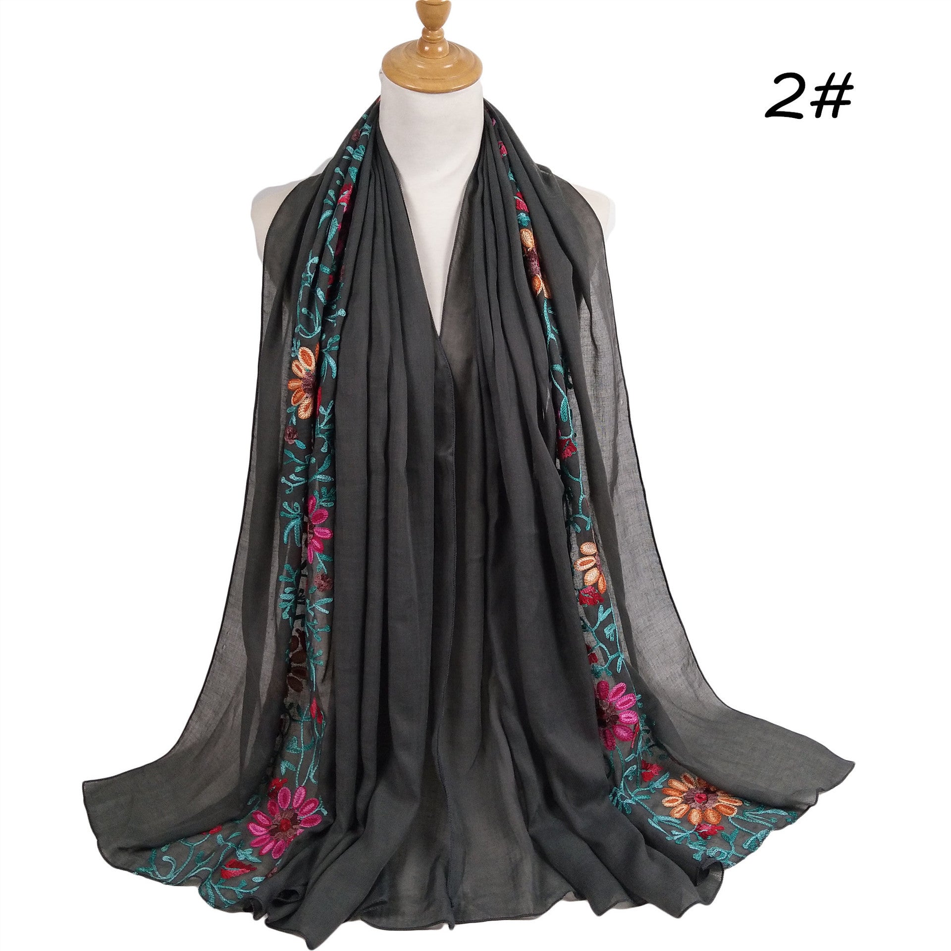Big Flower Embroidery Cotton And Linen Headscarf Long Scarf Head Cover Hijab