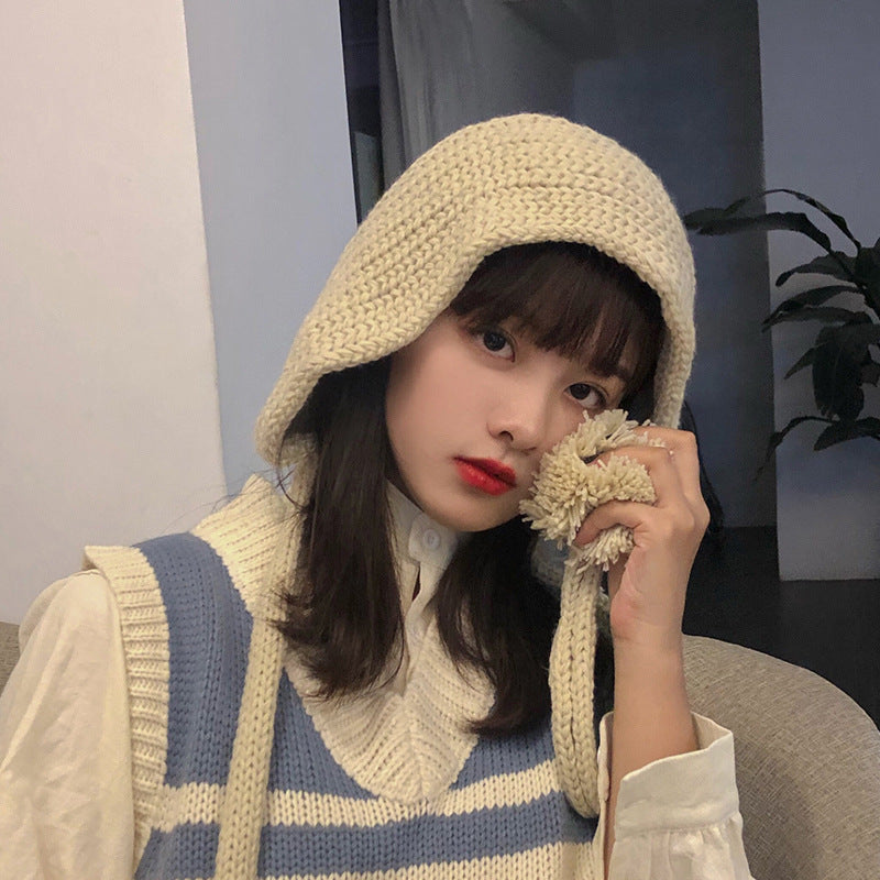 Women's Hand Knitted Long Lace-up Beanie Hat