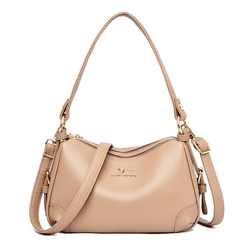 Middle-aged Women's Bags, Solid Color Bags, Ladies Fashion Soft Leather Large-capacity One-shoulder Messenger Bag