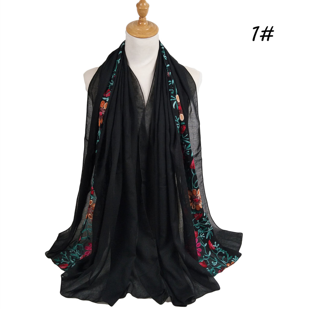 Big Flower Embroidery Cotton And Linen Headscarf Long Scarf Head Cover Hijab