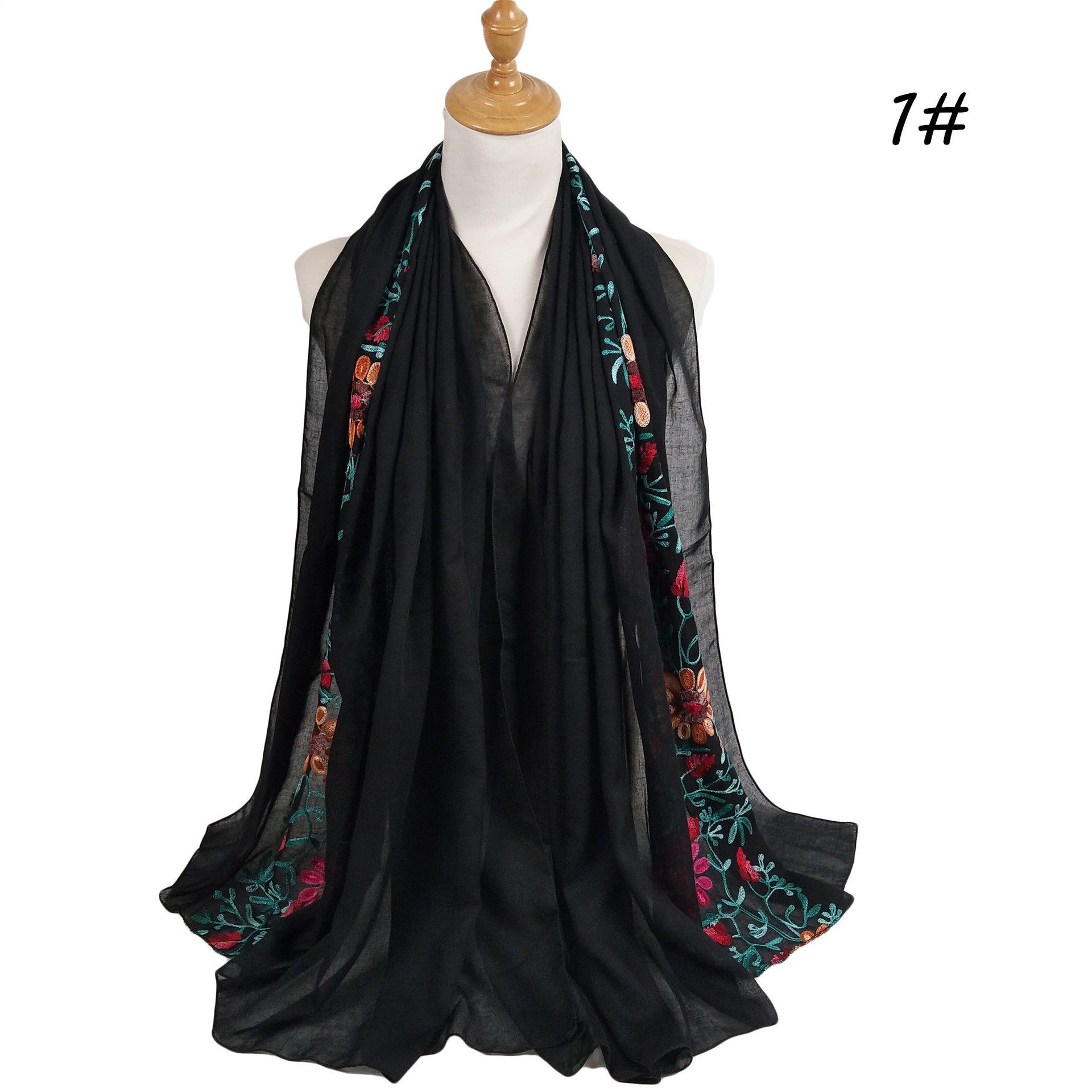 Big Flower Embroidery Cotton And Linen Headscarf Long Scarf Head Cover Hijab