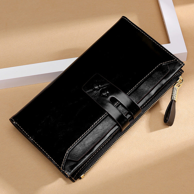 Women’s Long Leather Wallet – Retro Oil Wax Multi-Card Design