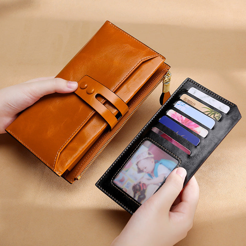 Women’s Long Leather Wallet – Retro Oil Wax Multi-Card Design