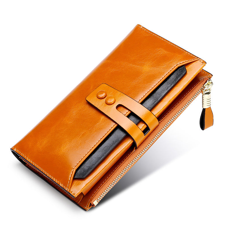 Women’s Long Leather Wallet – Retro Oil Wax Multi-Card Design