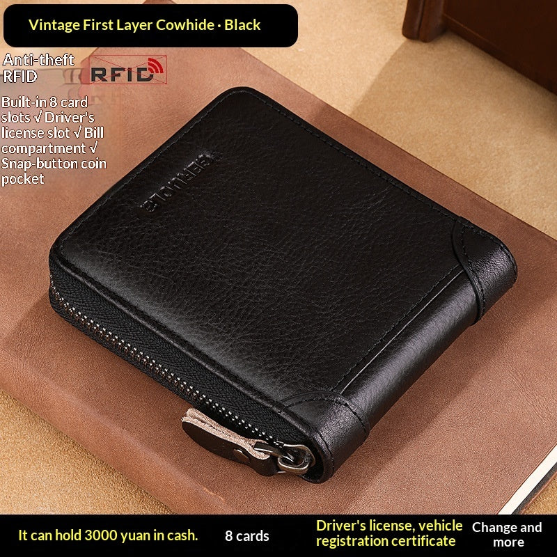 Mens Cowhide Wallet With Multiple Card Slots And A Zipper