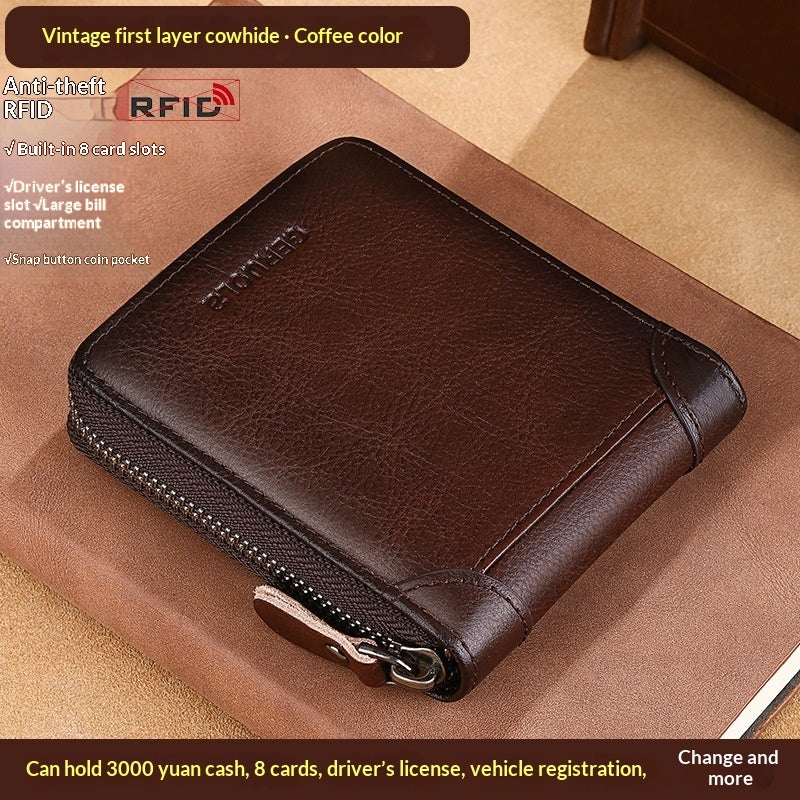 Mens Cowhide Wallet With Multiple Card Slots And A Zipper