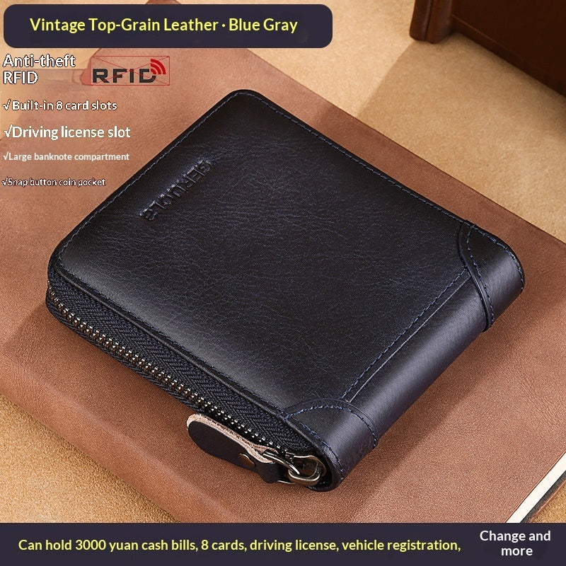 Mens Cowhide Wallet With Multiple Card Slots And A Zipper