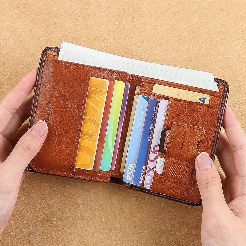 Mens Wallet Genuine Leather RFID Card Holders Cowhide Zip Coin Pocket Wallets For Men--Black