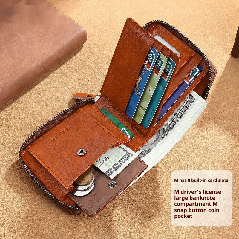 Mens Cowhide Wallet With Multiple Card Slots And A Zipper