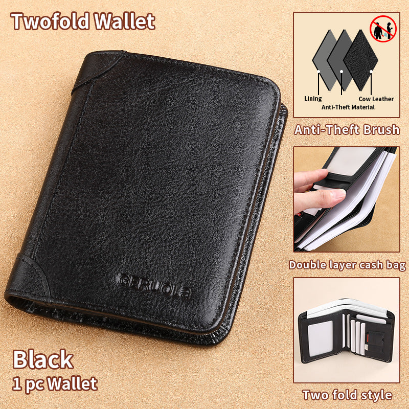 Mens Wallet Genuine Leather RFID Card Holders Cowhide Zip Coin Pocket Wallets For Men--Black