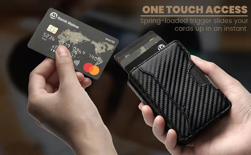 Minimalist Mens Wallet with Money Clip, Aluminum Pop Up Card Case and Leather Slots Credit Card Holder RFID Blocking Wallet