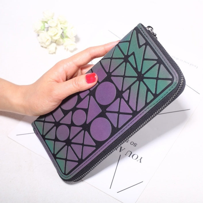 Women Geometry Three Folds Wallets Women Long Wallet Purse Luminous Zipper Ladies Clutch Bag Female Card Holder Carteira