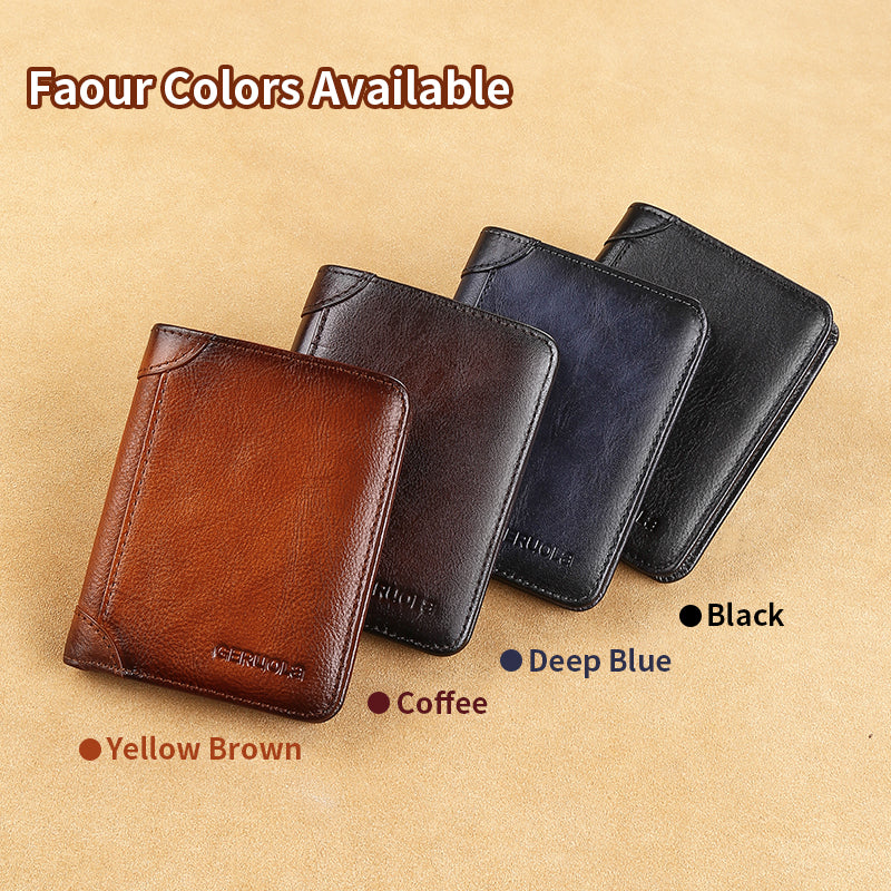 Mens Wallet Genuine Leather RFID Card Holders Cowhide Zip Coin Pocket Wallets For Men--Black