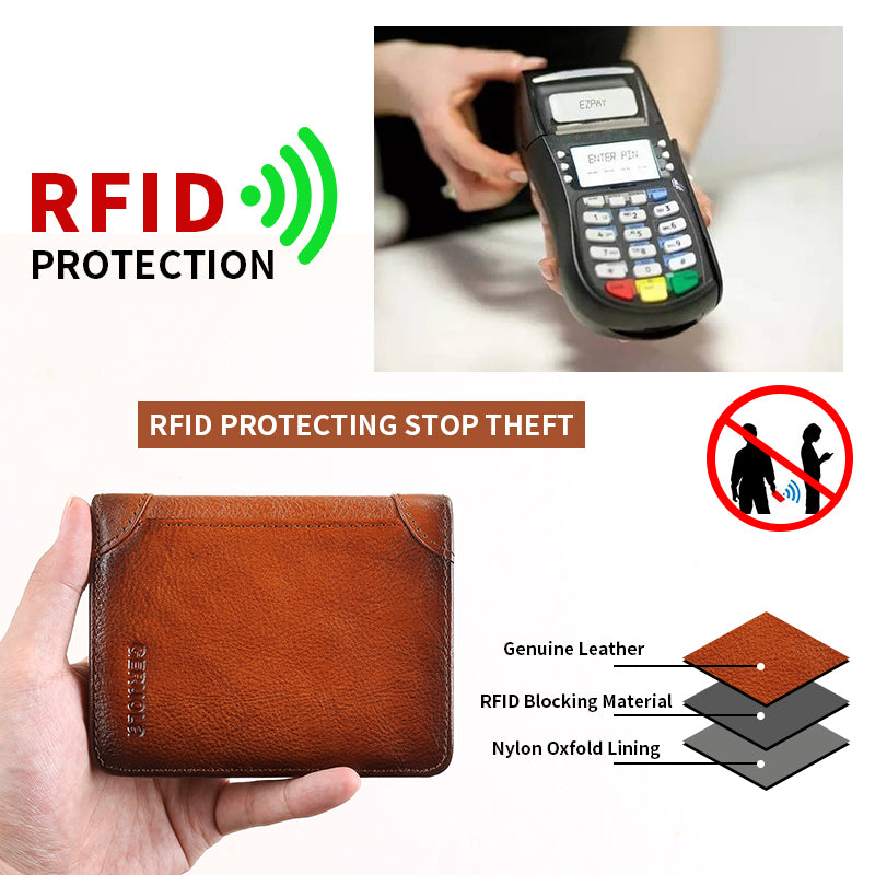Mens Wallet Genuine Leather RFID Card Holders Cowhide Zip Coin Pocket Wallets For Men--Black