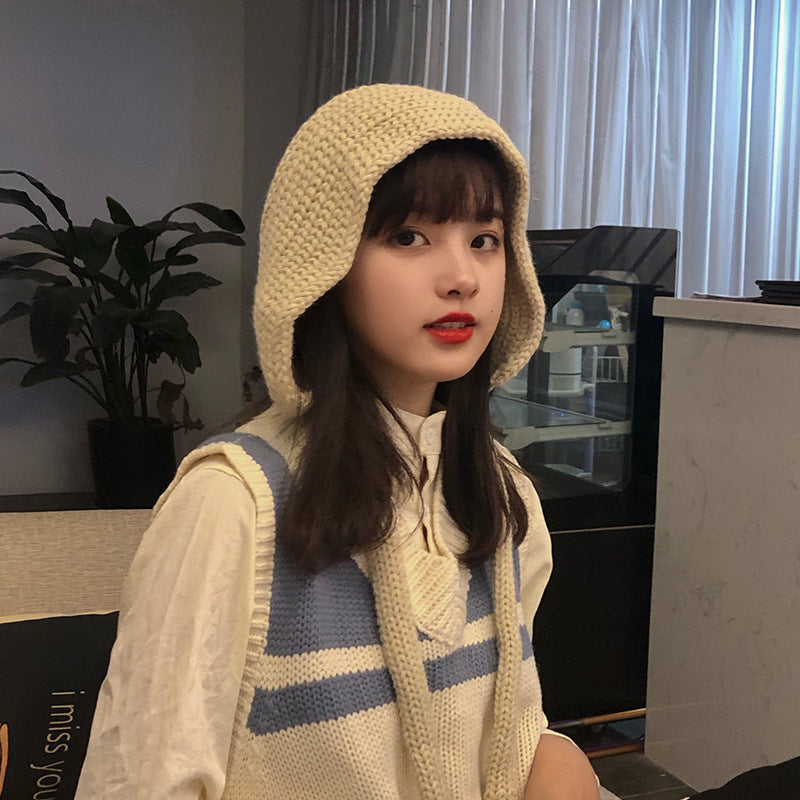 Women's Hand Knitted Long Lace-up Beanie Hat