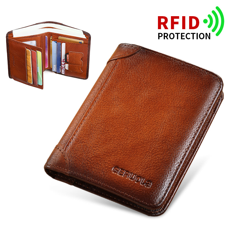 Mens Wallet Genuine Leather RFID Card Holders Cowhide Zip Coin Pocket Wallets For Men--Black