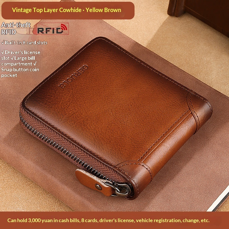 Mens Cowhide Wallet With Multiple Card Slots And A Zipper